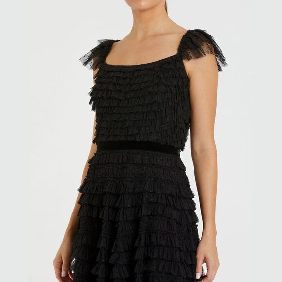 Mac‎ Duggal 8054 Size 12 Black Ruffle Cap Sleeve Tiered Ruffled Midi Dress - Picture 3 of 13